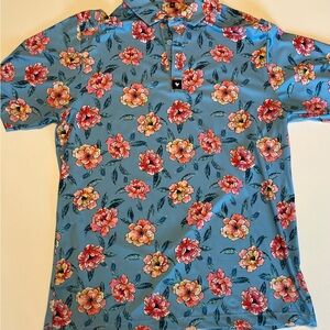 L Bad Birdie Blue Polo with Pink and Red Flowers